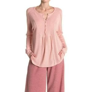 Gibsonlook Mixed Rib Waffle Knit Henley Long Sleeve Blush Pink SizeXS